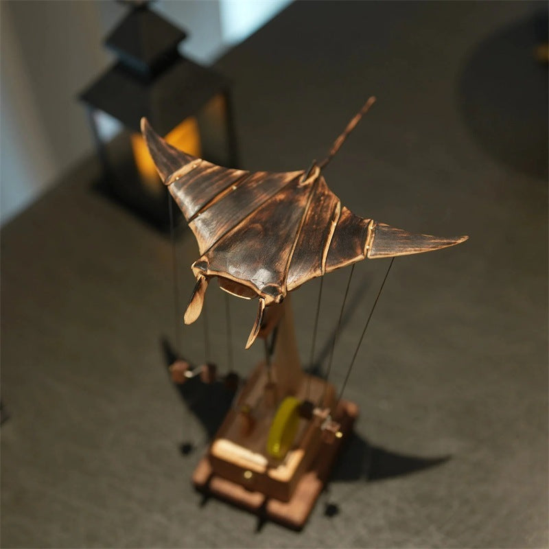 Electric Hand-Carved Wooden Manta Ray Kinetic Art Sculpture