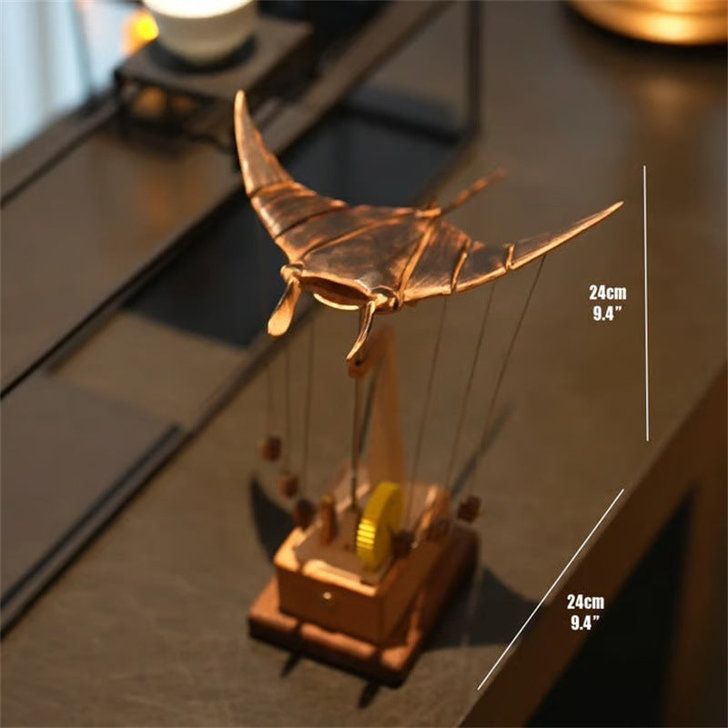 Electric Hand-Carved Wooden Manta Ray Kinetic Art Sculpture