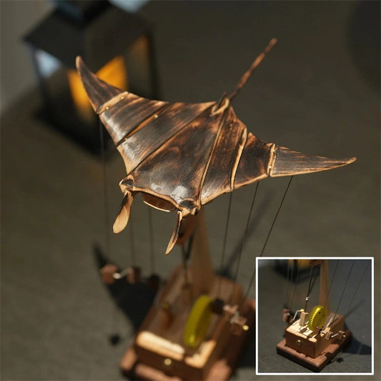 Electric Hand-Carved Wooden Manta Ray Kinetic Art Sculpture